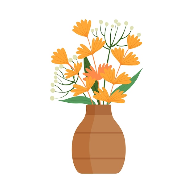 Mooie oranje bloemen in kleivase boeket van bloeiende bloemen voor interieurdecoratie vector