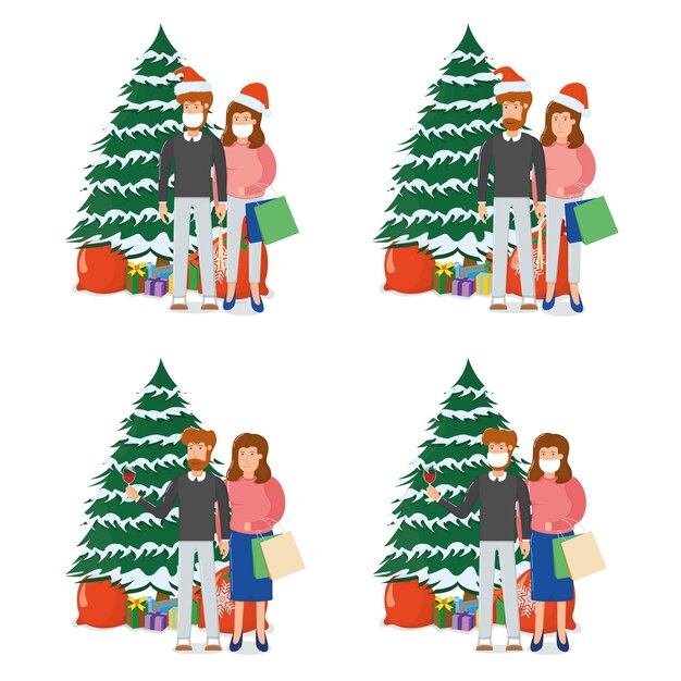 Mooie paar man vrouw karakter staande kerst dennenboom met geschenkdoos, merry christmas souvenir tas cartoon, geïsoleerd op wit. concept gelukkige familie nieuwjaarsvakantie, leuke persoon.
