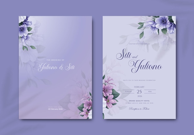 mooie paarse bruiloft uitnodiging sjabloon met bloem aquarel premium vector