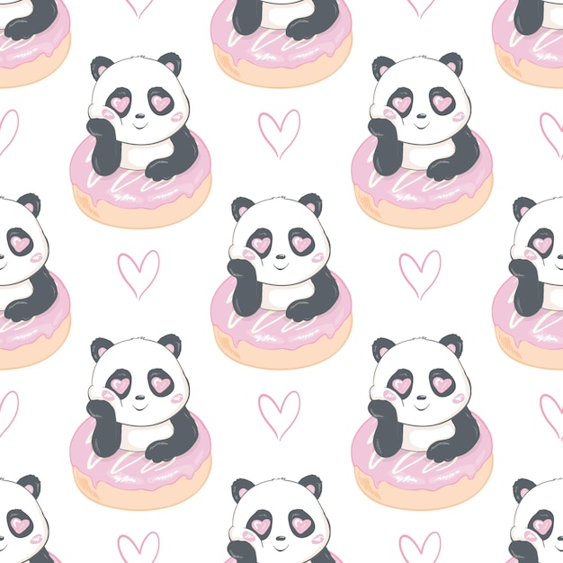 Mooie panda die een doughnut naadloos patroon op een witte achtergrond houdt