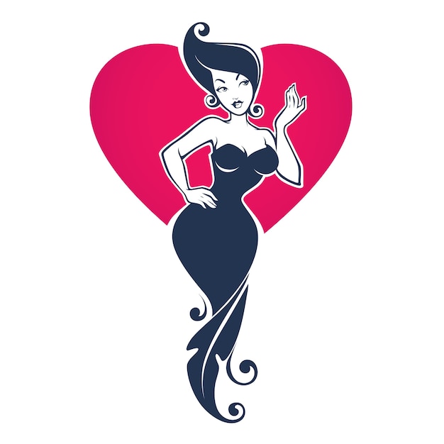 Vector mooie pin-up girl in gebloemde jurk op rood hart achtergrond, voor uw logo, etiket, embleem