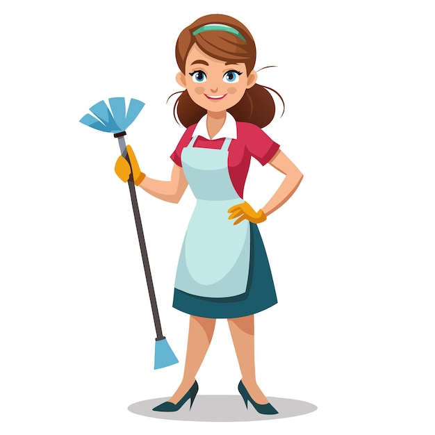 Mooie professionele schoonmaakvrouw die staat met schoonmaakapparatuur.