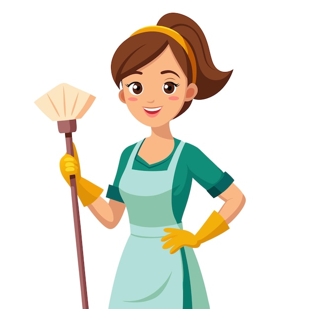 Mooie professionele schoonmaakvrouw die staat met schoonmaakapparatuur.