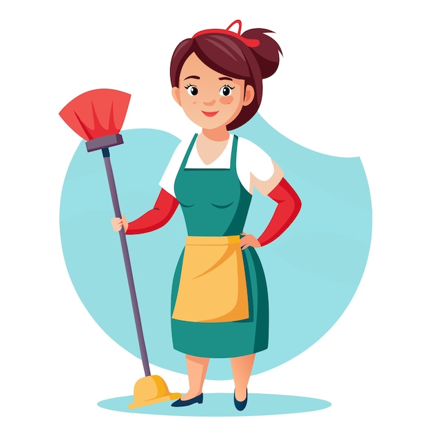 Mooie professionele schoonmaakvrouw die staat met schoonmaakapparatuur.