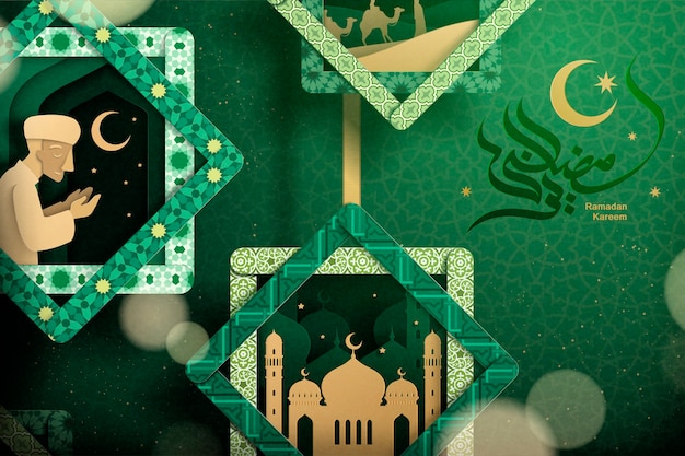 Mooie ramadan culturele elementen in abstract frame met ramadan kareem-kalligrafie op groene achtergrond