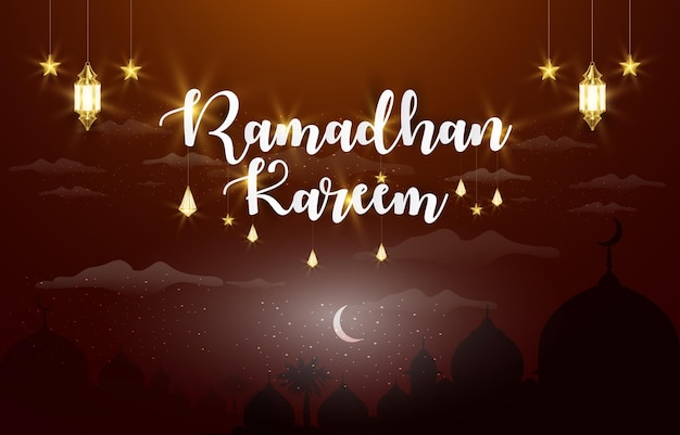 Mooie ramadan kareem banner met abstract gradiënt rood en bruin achtergrondontwerp met mooi licht glanzend luxe islamitisch ornament