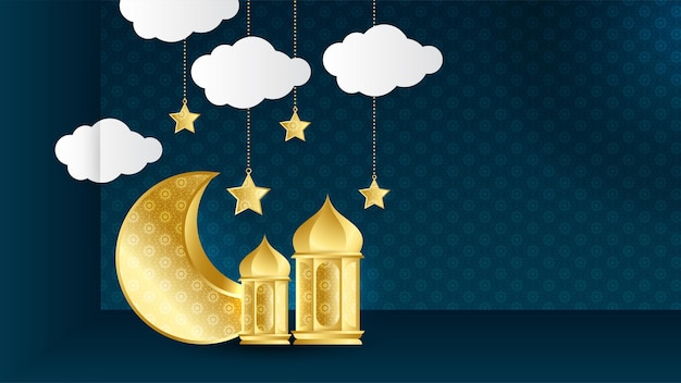 Mooie realistische luxe blauwe gouden islamitische ramadan kareem ontwerp achtergrond met mandala patroon hangende lantaarn maan en ster