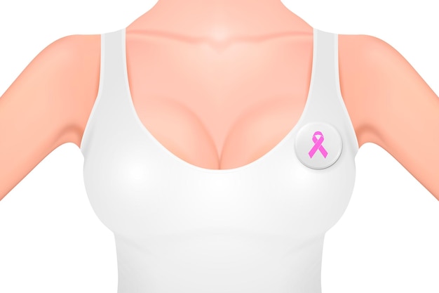 Mooie realistische vrouwelijke borst in een witte tanktop en knop badge met roze lint - symbool van borstkanker bewustzijn - close-up geïsoleerd op een witte achtergrond. Voorraad vector. EPS10 illustratie.