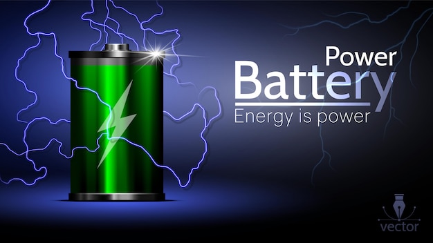 Vector mooie reclame groene batterij met bliksem rond.