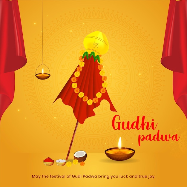 Mooie rode en gele indiase traditionele achtergrond en wenskaart ontwerp voor gudi padwa lunar new year
