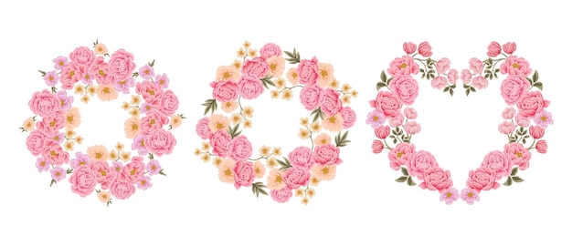 Mooie romantische bloem frame krans vector set met rozen lila bloemen peony en blad tak