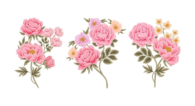 Mooie romantische bloemboeket arrangement vector set met rozen tulpen lila peony bloemen