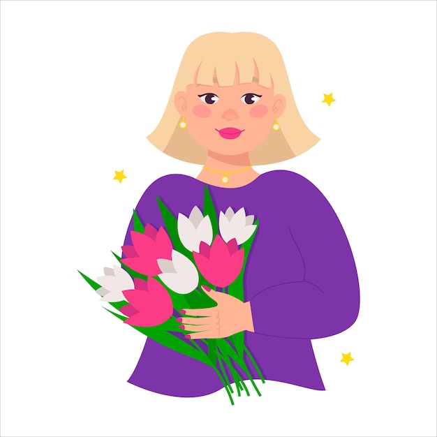 Mooie rondborstige vrouw meisje houdt een boeket bloemen in haar handen Blond met bobkapsel