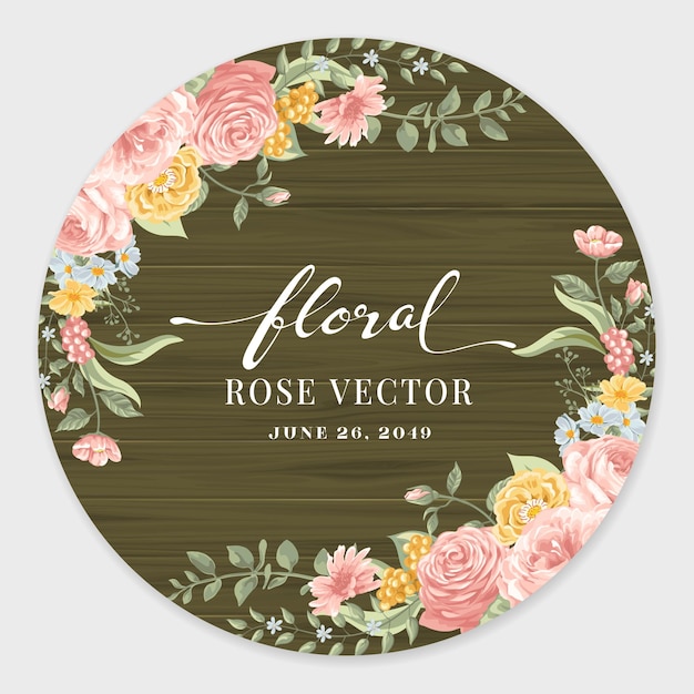 Mooie roze bloem en botanisch blad op houten label cirkel digitale geschilderde afbeelding voor liefde bruiloft Valentijnsdag of arrangement uitnodiging ontwerp wenskaart