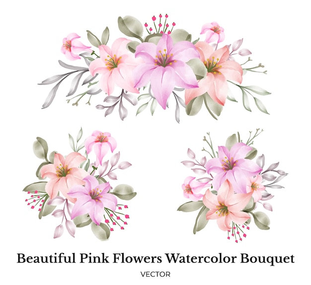 Mooie roze bloemen aquarel boeket decoratie set