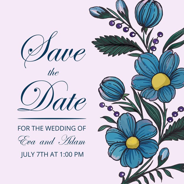 Mooie save the date kaart met samenstelling van handgetekende bloemen bloemen frame kaart