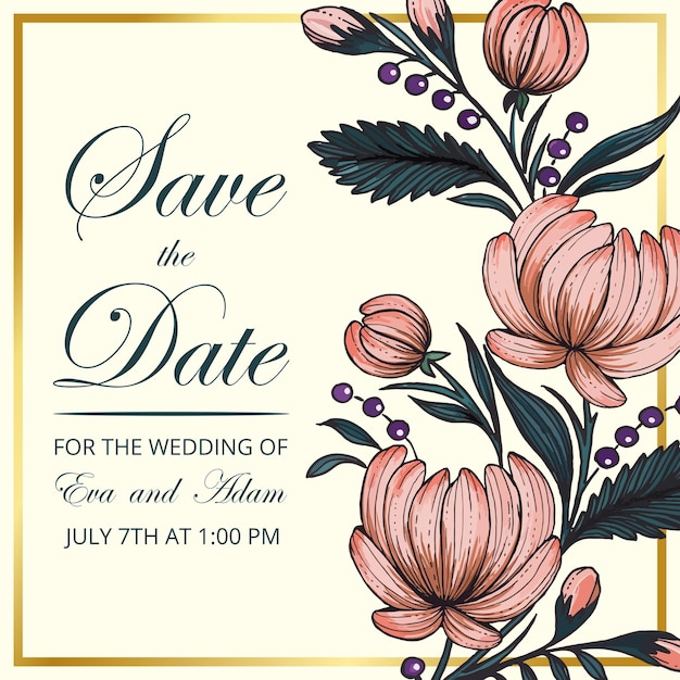 Mooie save the date-kaart met samenstelling van handgetekende bloemen en gouden frame.