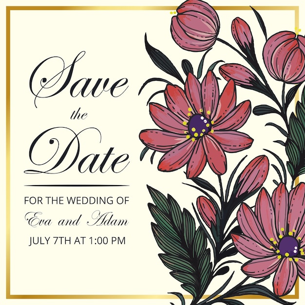 Mooie save the date-kaart met samenstelling van handgetekende bloemen en gouden frame.