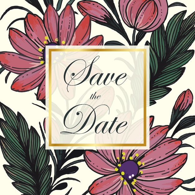 Mooie save the date-kaart met samenstelling van handgetekende bloemen en gouden frame.