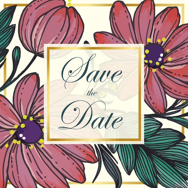 Mooie save the date-kaart met samenstelling van handgetekende bloemen en gouden frame.