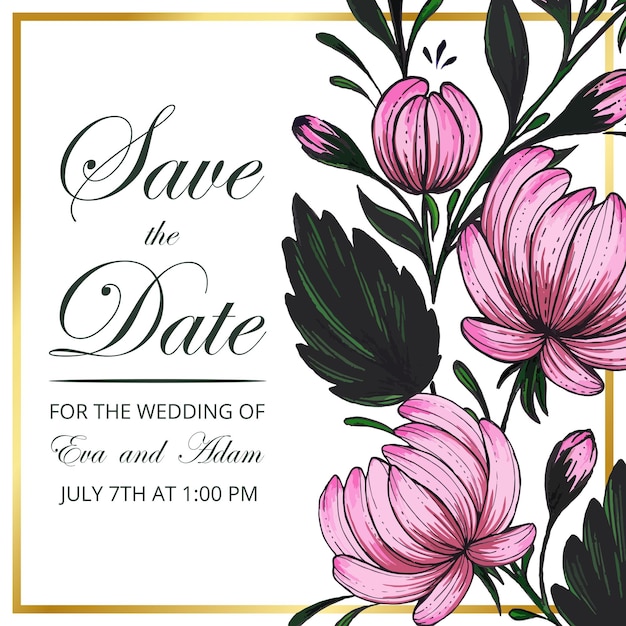 Mooie save the date-kaart met samenstelling van handgetekende bloemen en gouden frame.