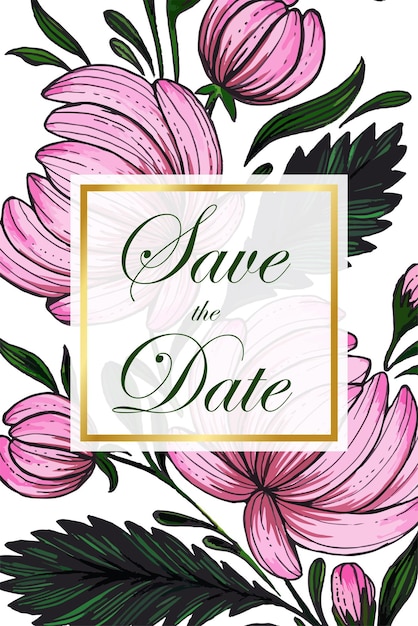 Mooie save the date-kaart met samenstelling van handgetekende bloemen en gouden frame.