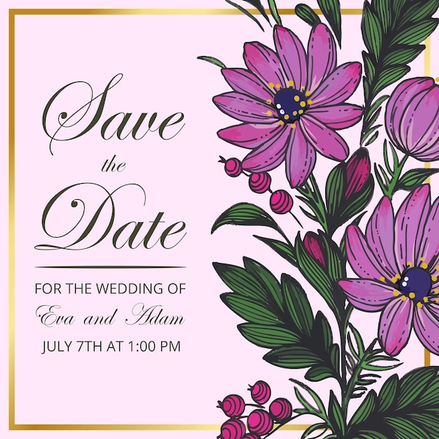 Mooie save the date-kaart met samenstelling van handgetekende bloemen en gouden frame.