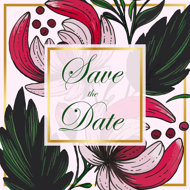 Mooie save the date-kaart met samenstelling van handgetekende bloemen en gouden frame