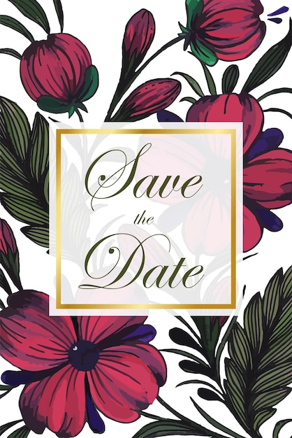 Mooie save the date-kaart met samenstelling van handgetekende bloemen en gouden frame