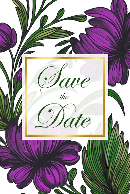 Mooie save the date-kaart met samenstelling van handgetekende bloemen en gouden frame