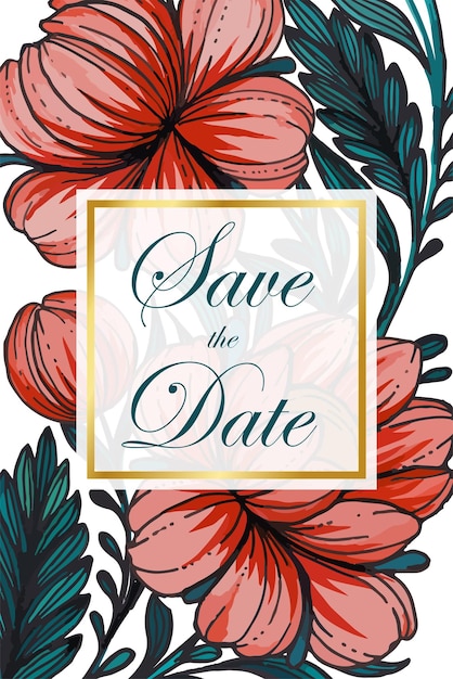 Mooie save the date-kaart met samenstelling van handgetekende bloemen en gouden frame