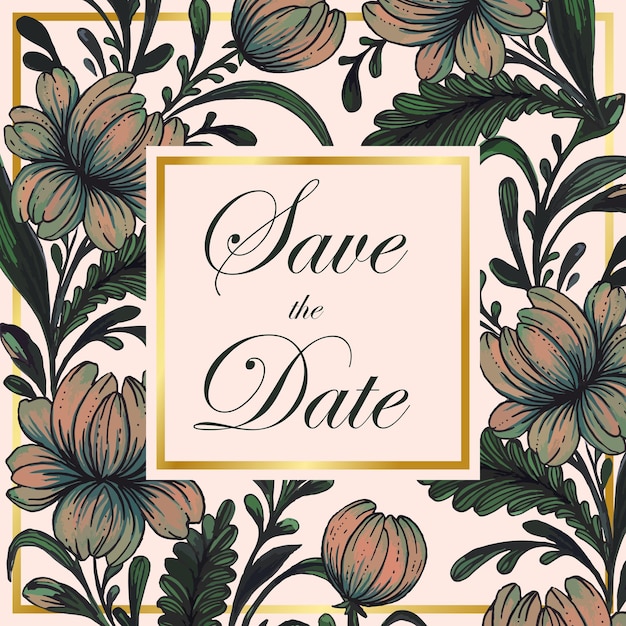 Mooie save the date-kaart met samenstelling van handgetekende bloemen en gouden frame