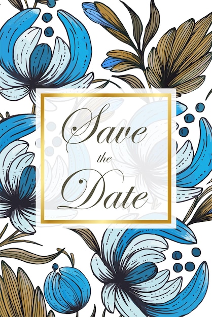 Mooie save the date-kaart met samenstelling van handgetekende bloemen en gouden frame