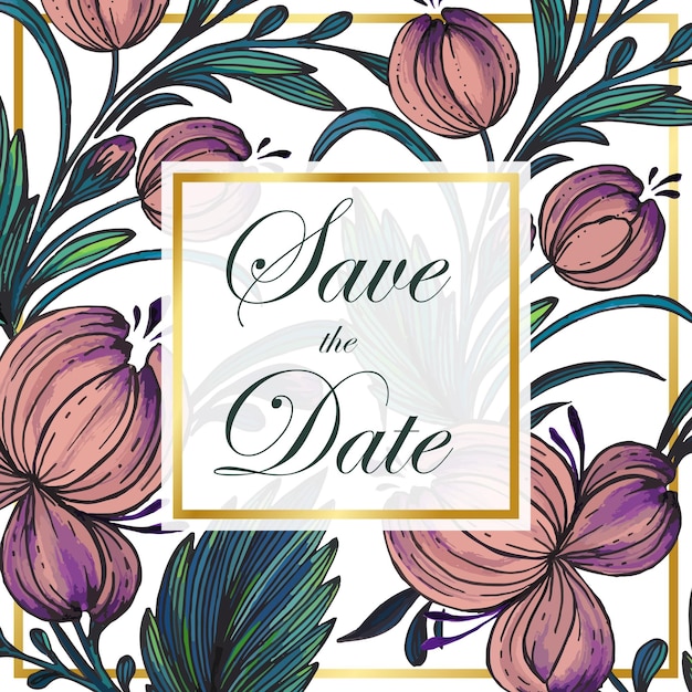 Mooie save the date-kaart met samenstelling van handgetekende oekraïense bloemen en gouden frame