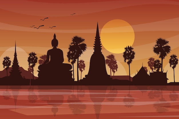 Mooie scène met silhouet van grote boeddha en pagode in tempel monumenten in thailand, schaduw in water op zonsondergang tijd op het platteland, afbeelding voor postkaart of posterontwerp, vectorillustratie