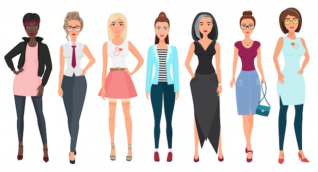 Mooie schattige jonge vrouwen in mode kleding. Gedetailleerde meisjes vrouwelijke personages. Vlakke stijl