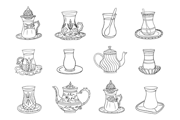 Mooie set Turkse theekopjes, theepotten en suikerbak in doodle-stijl Tulpenvormige glazen