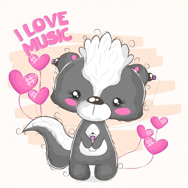 Mooie skunk die luistert van haar muziekspeler