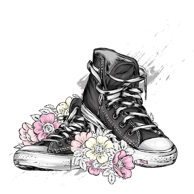 Mooie sneakers en bloemen illustratie