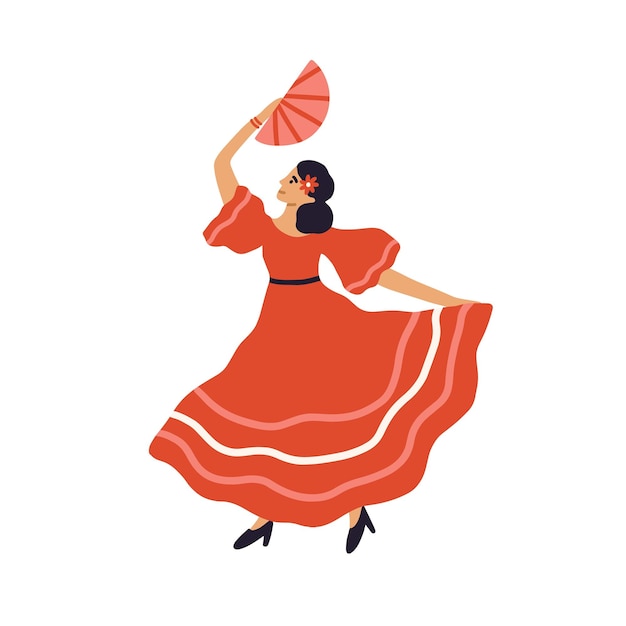 Vector mooie spaanse flamencodanseres dansen met ventilator in traditionele rode jurk. spaanse passie vrouw in klederdracht. gekleurde platte vectorillustratie geïsoleerd op een witte achtergrond.