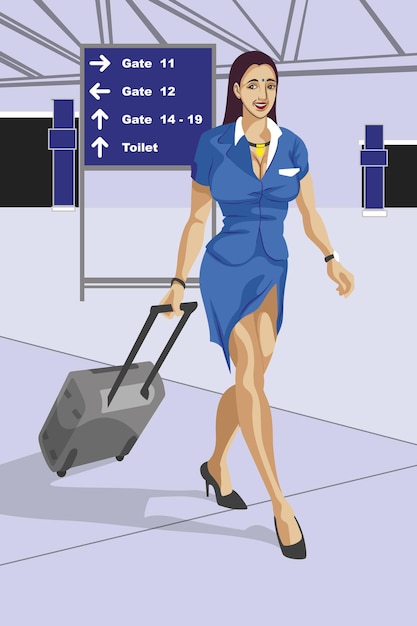 Vector mooie stewardess gaat dienst doen op de luchthaven met handgetekende vectorkunst met trolleytas