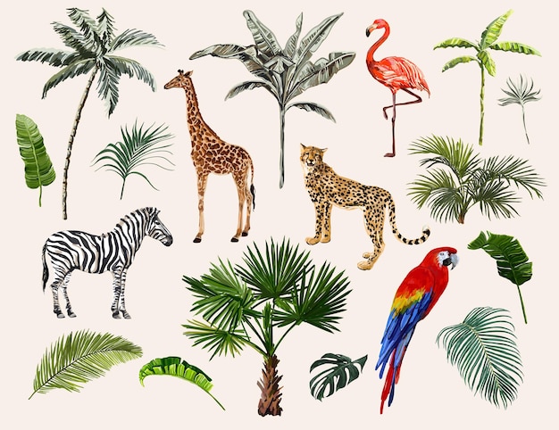 Vector mooie tropische vintage achtergrond met palmbomen laat luipaard zebra giraffe papegaai flamingo