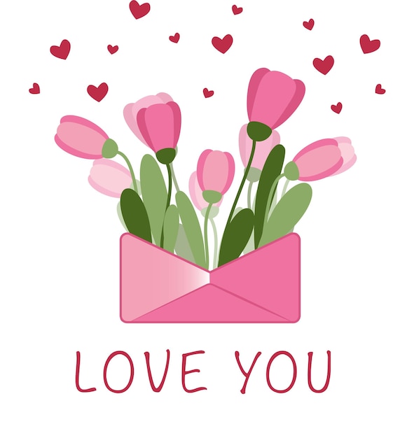 Vector mooie tulpen bloemen in een envelop met de tekst love you greetingcard