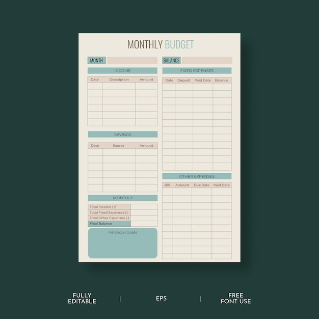 Mooie vector minimilastic groenblauw en bruin kleurencombinatie budget planner sjabloon