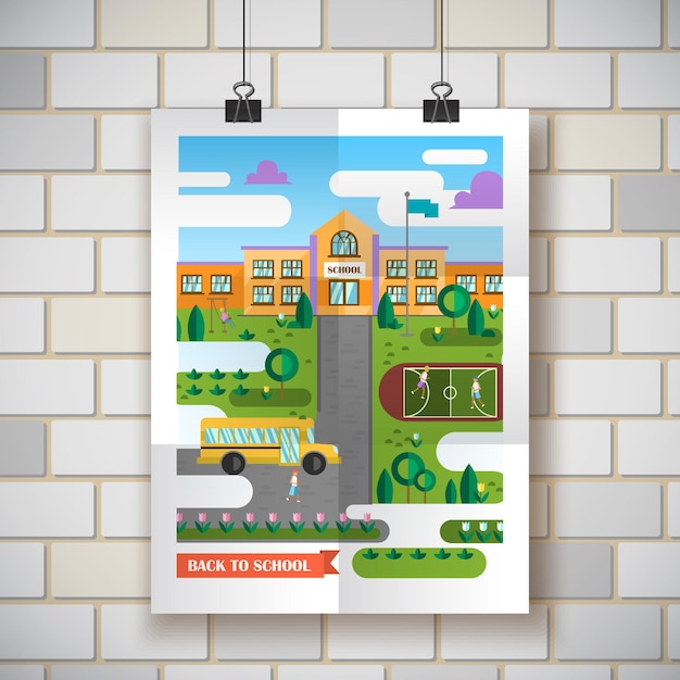 Mooie vectoraffiche met schoollandschap en bus