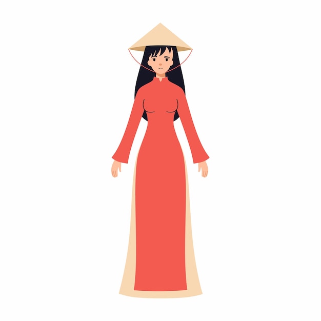 Vector mooie vietnamese vrouw in traditionele kleding en hoofdtooi mensen van vietnam vectorsymbool in vlakke stijl aziatisch meisje in lange jurk