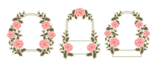 Mooie vintage handgetekende perzik roze tuin roos bloem bruiloft boog frame sjabloon element set