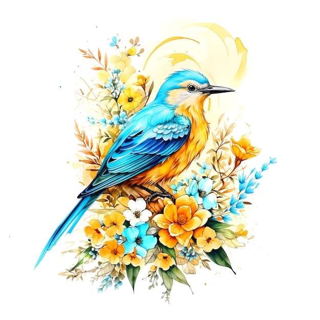 Mooie vogel omringd door bloemen aquarelverf