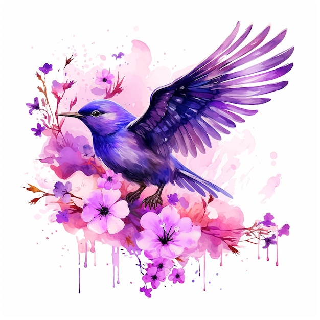 Mooie vogel omringd door bloemen aquarelverf