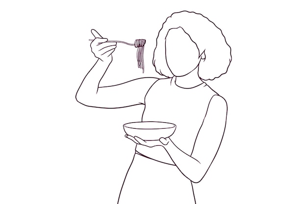 Mooie vrouw die een noedel eet, handgetekende stijl vectorillustratie